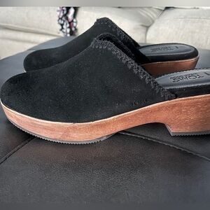 TOMS Black Mules with Tan Wooden Heel